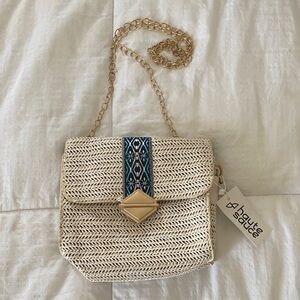 Cream Woven Crossbody with Blue Embroidered Trim